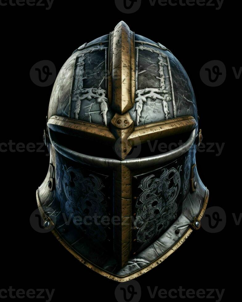 AI generated Iron Medieval War Helmet Isolated on Black Background. Generative AI photo