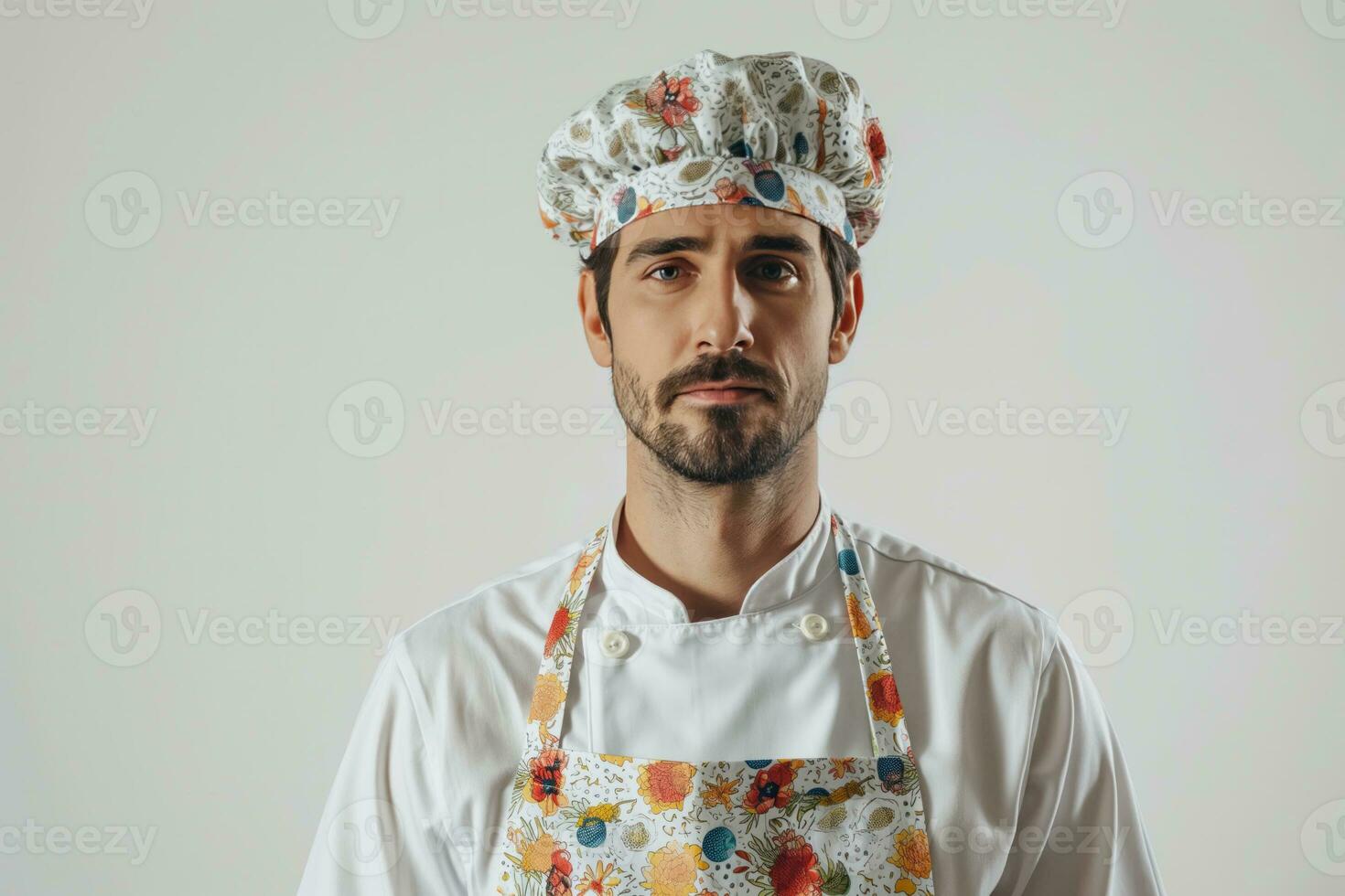 AI generated Portrait of a gloomy bearded male chef in an apron photo