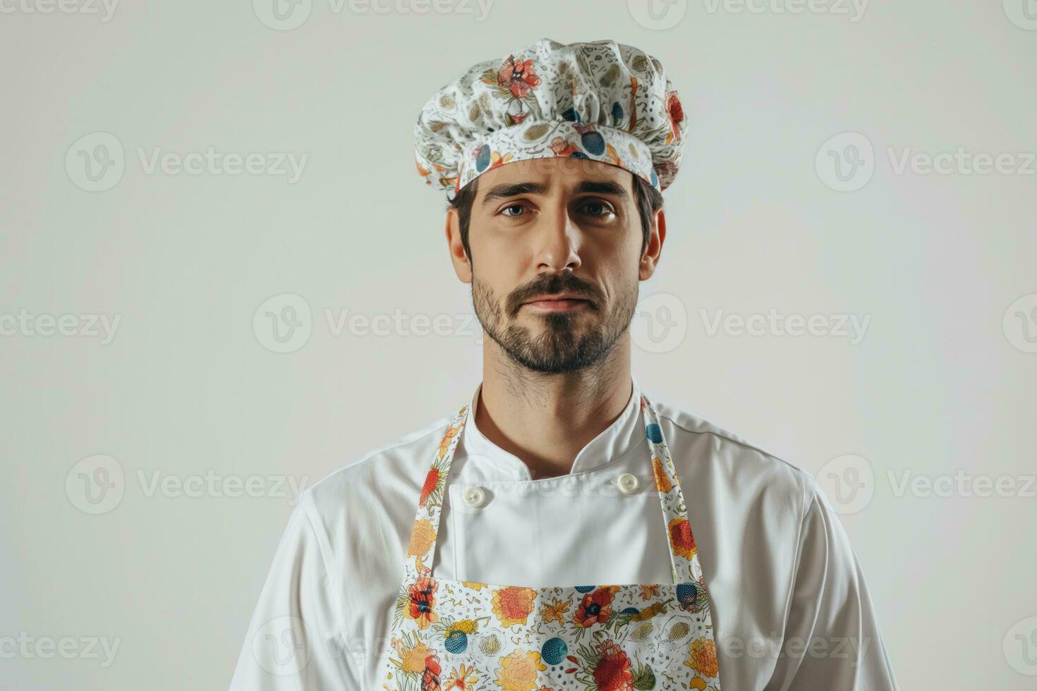 ai generado retrato de un melancólico barbado masculino cocinero en un delantal foto