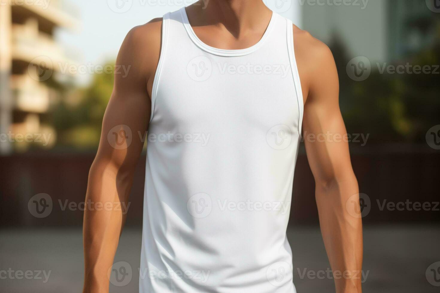 AI generated The upper body of a man in a white tank top, mockup photo