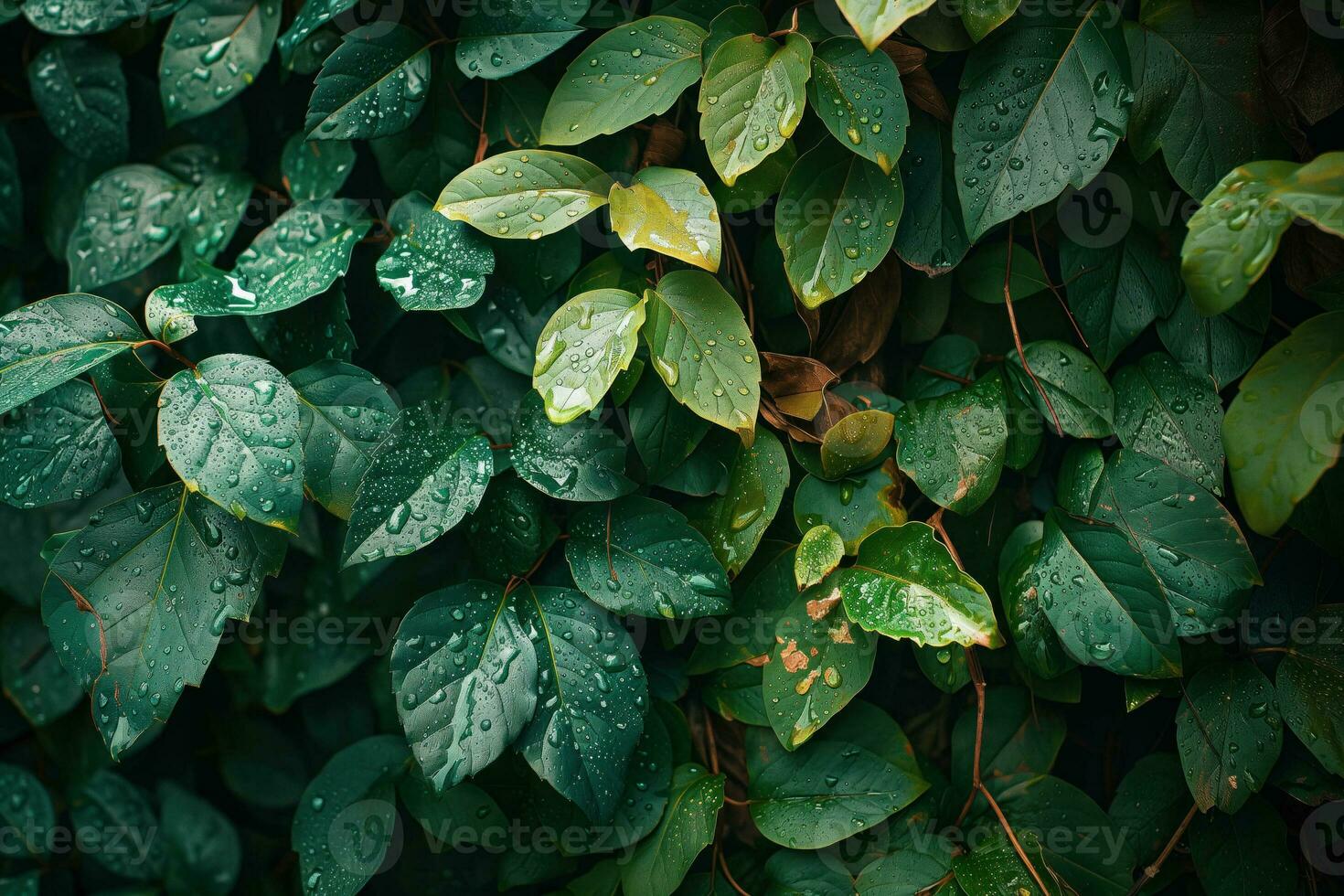 AI generated Green leaves background with raindrops photo
