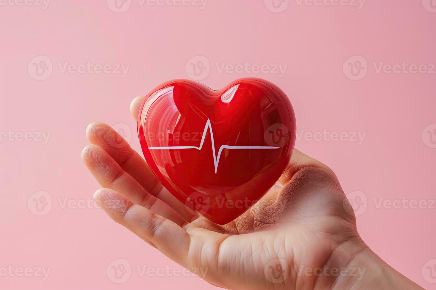 ai generado mano participación rojo corazón con ecg línea foto