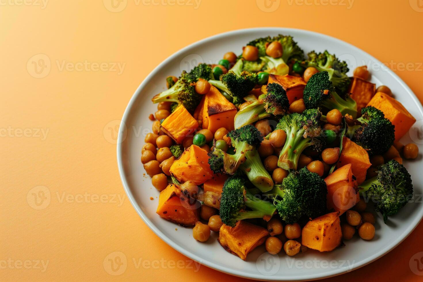 AI generated A plate of mixed salad with broccoli, sweet potatoes, and chickpeas photo