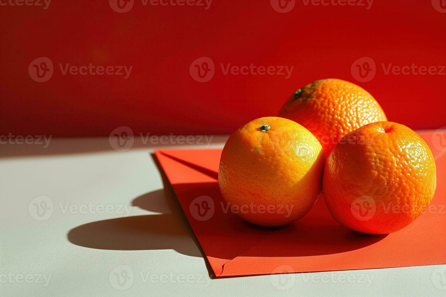 AI generated Mandarin limes on a red envelope. Chinese New Year photo