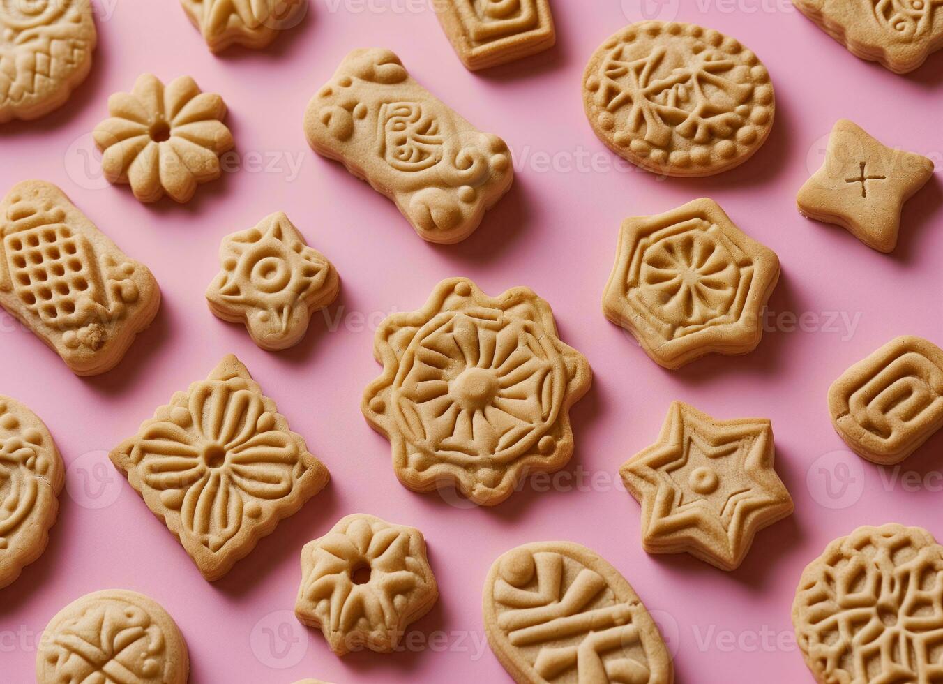 AI generated A variety of cookies on a pink background photo