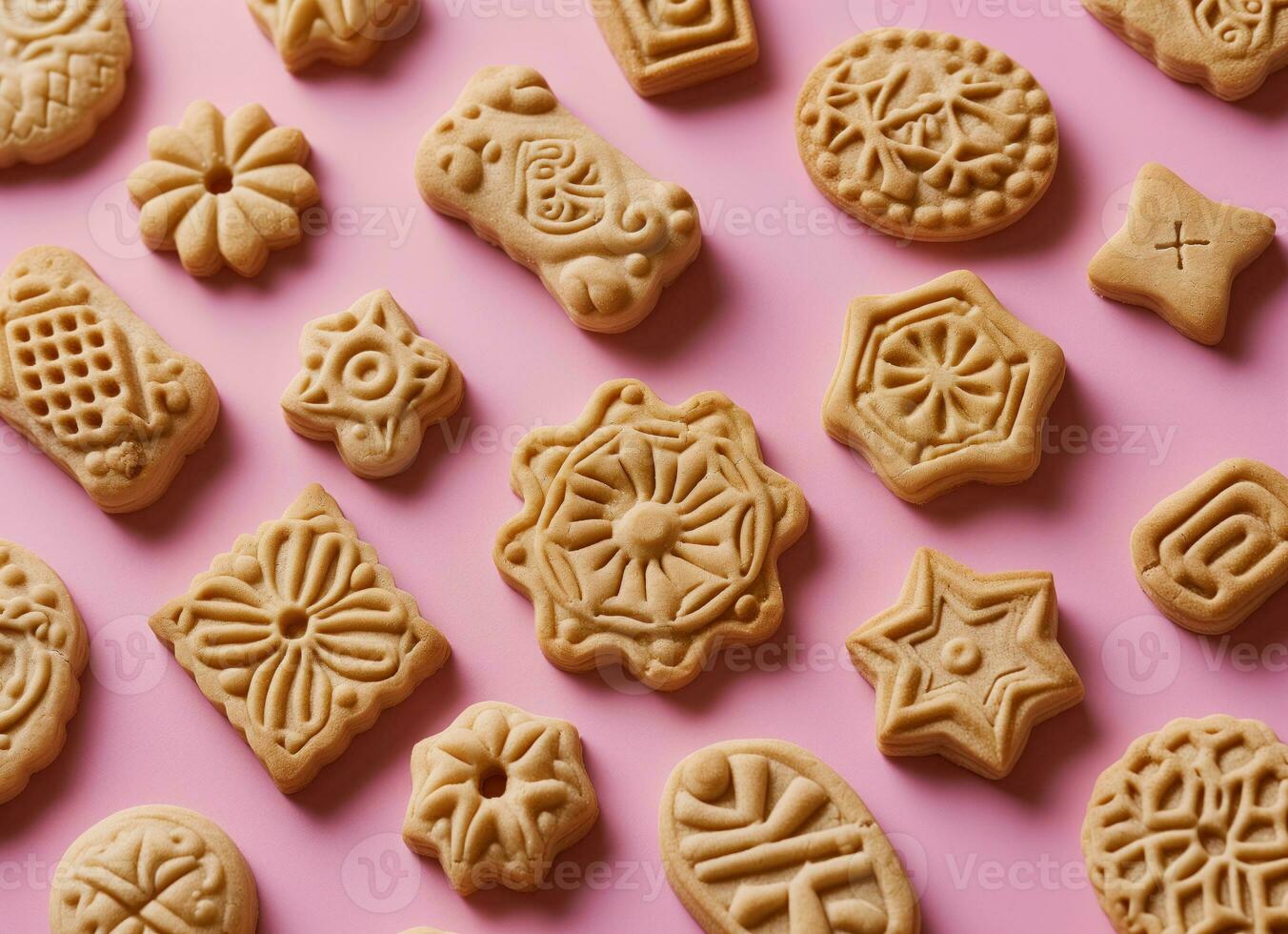 ai generado un variedad de galletas en un rosado antecedentes foto