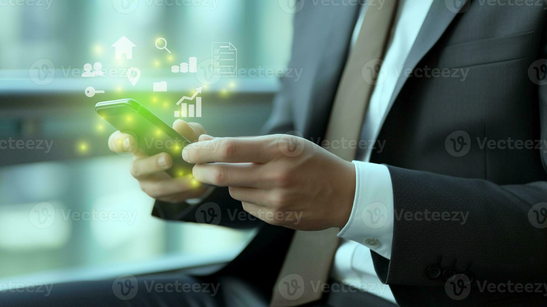 AI generated businessman pushing a button on smartphone touch screen with virtual application symbols photo