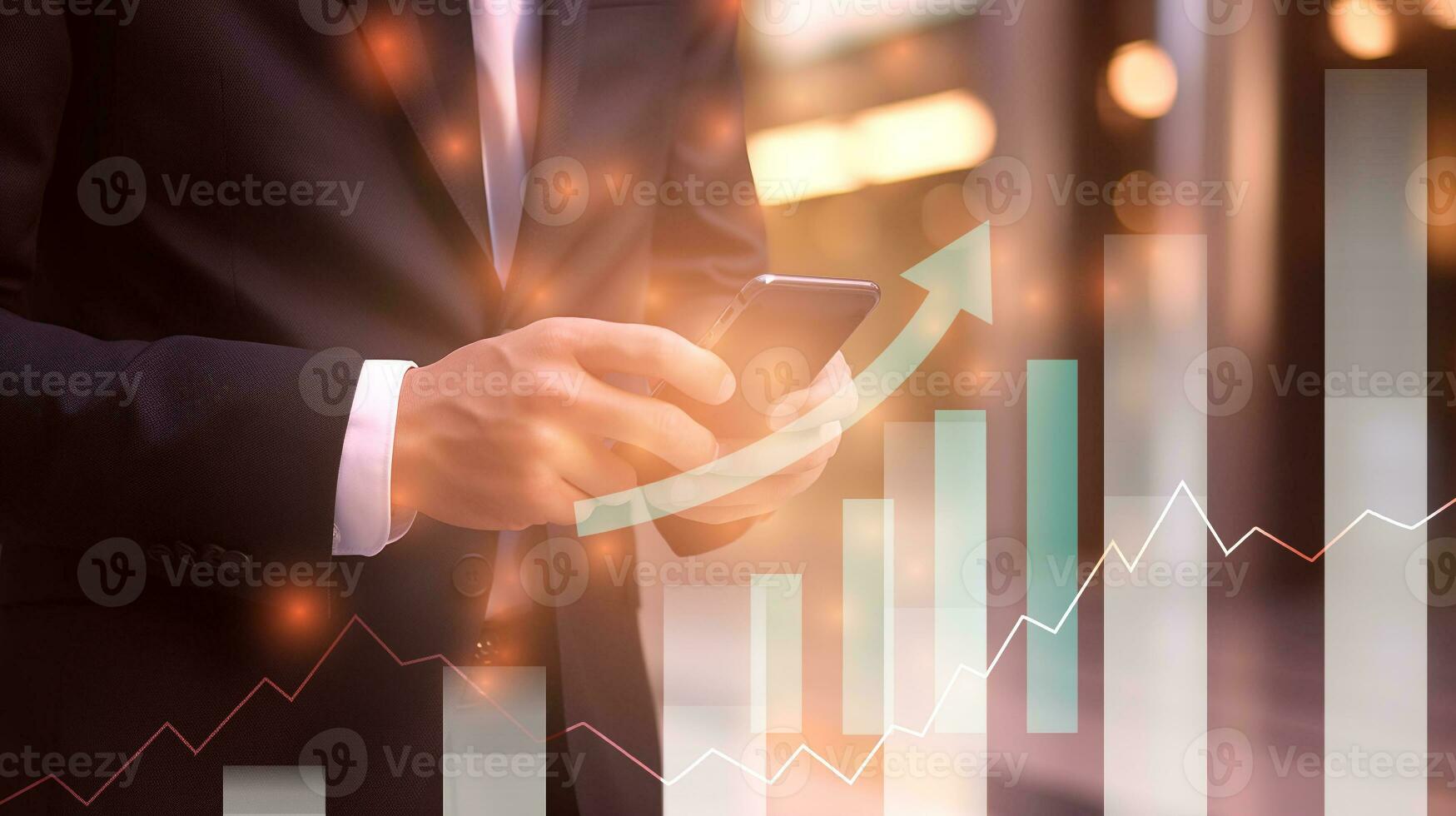 AI generated businessman using smartphone with bar chart and uptrend arrow show business earning performance photo