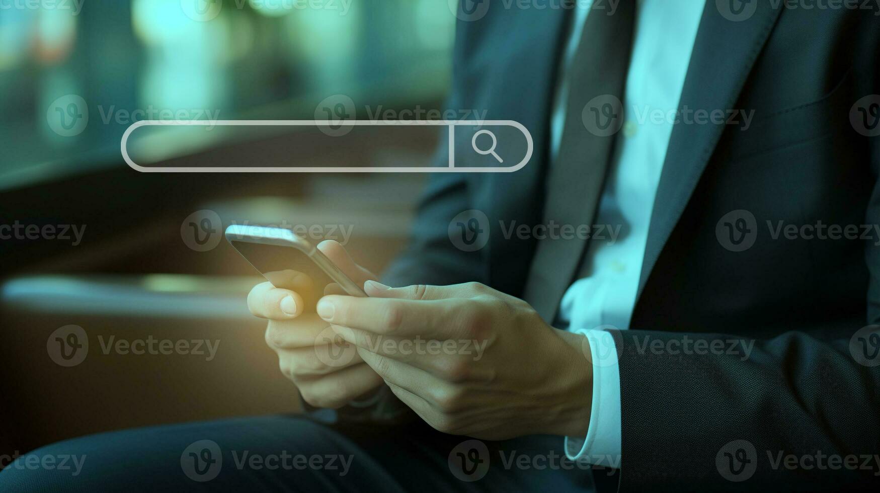 AI generated businessman using smartphone with blank virtual search bar photo