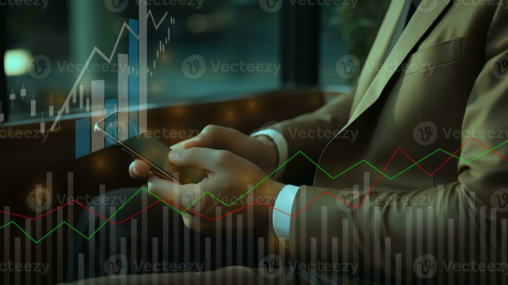 AI generated businessman hand with smartphone and bar chart show financial data. business strategy planning and management background concept photo