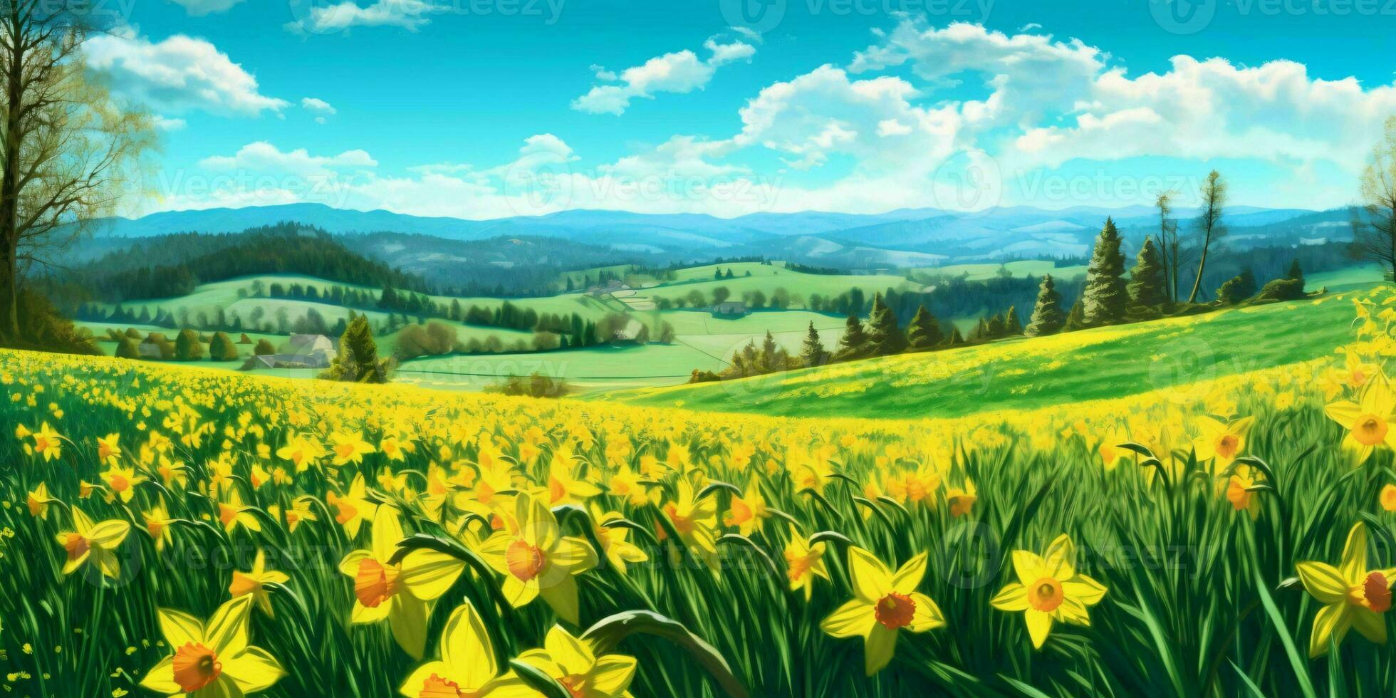 AI generated Daffodil Flowers in the Field with Blue Sky View. Generative AI photo