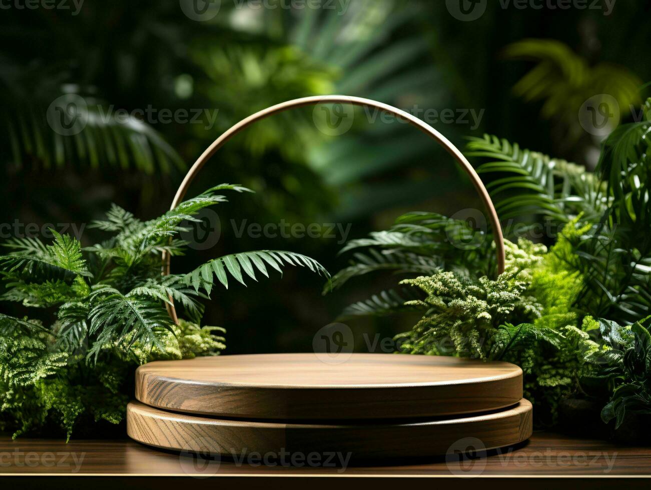 AI generated Wooden Product Display Podium with Nature Background. Natural Product Placement Pedestal Stand. Generative AI photo