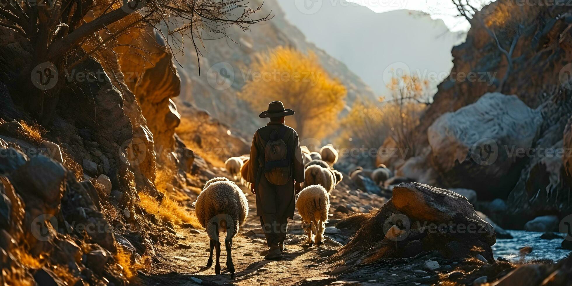 ai generado un medio oriental hombre manadas un rebaño de oveja en un Desierto Valle a puesta de sol. generativo ai foto