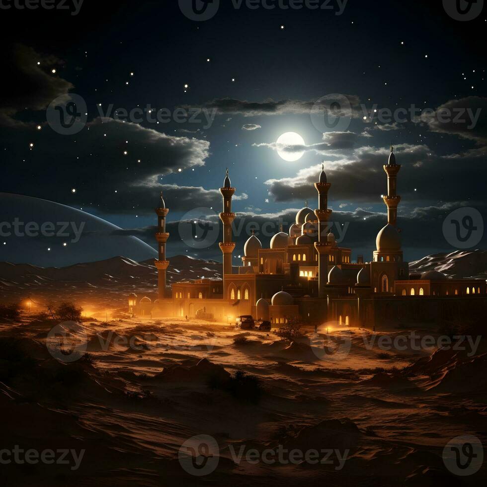 AI generated Elegant Mosque Illustration at Night with Big Moon and Fantasy Sky. Generative Ai photo