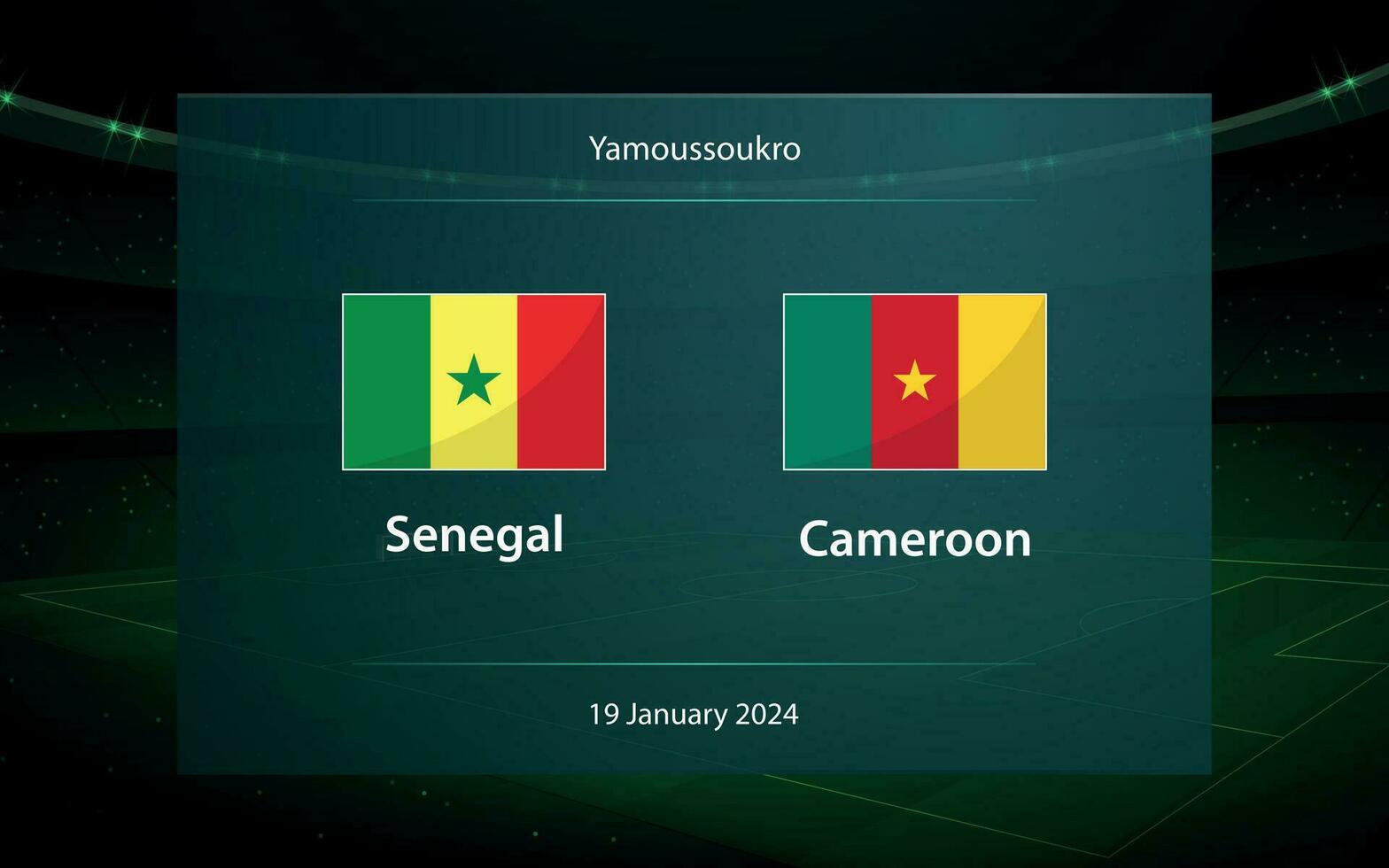 Senegal vs Cameroon. Football scoreboard broadcast graphic vector