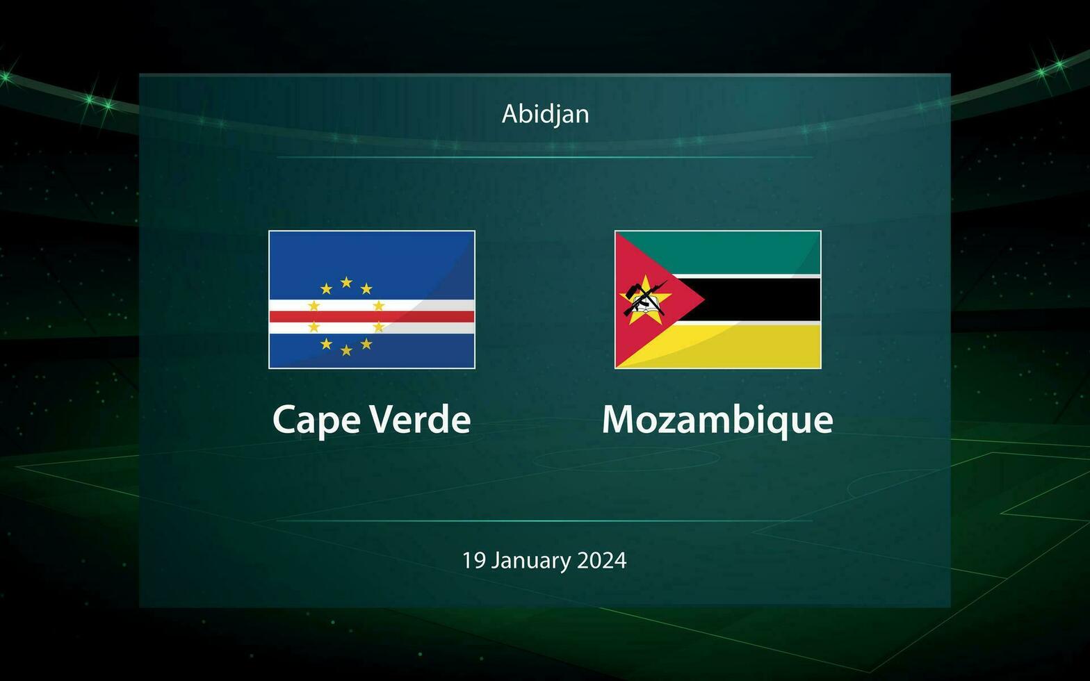 Cape Verde vs Mozambique. Football scoreboard broadcast graphic vector