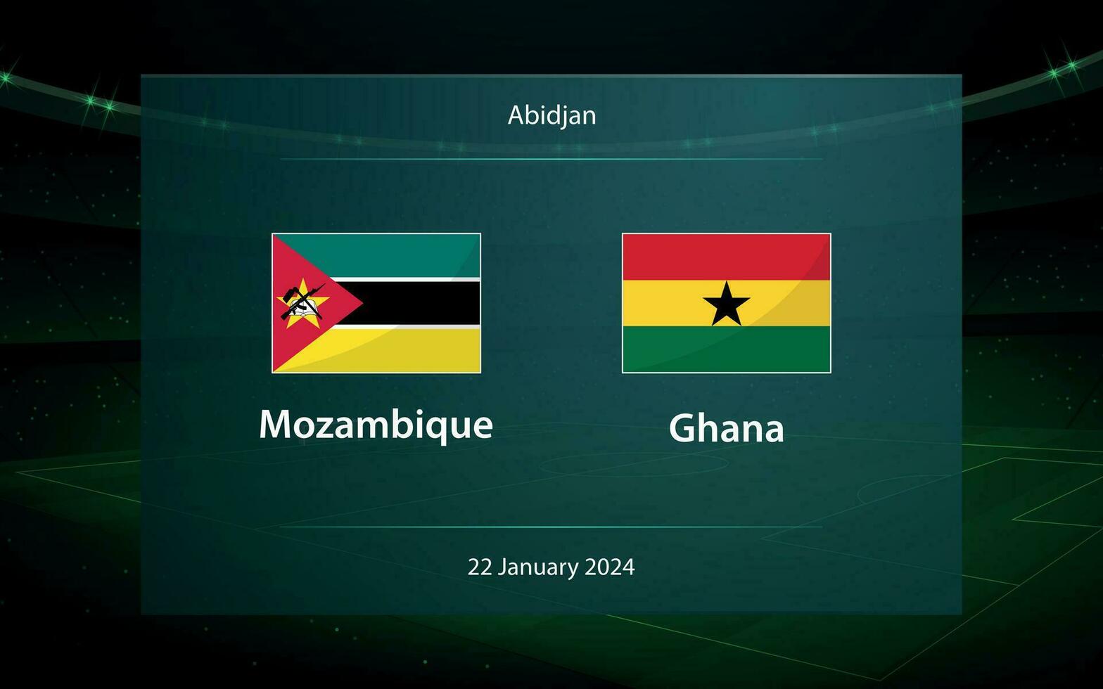 Mozambique vs Ghana, Football scoreboard broadcast graphic vector