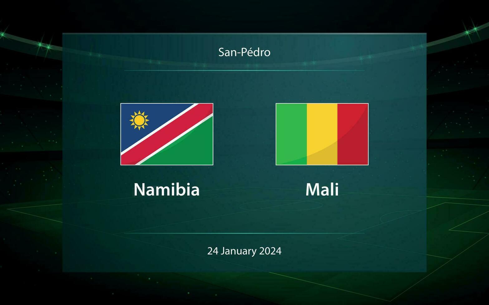 Namibia vs Mali. Football scoreboard broadcast graphic vector