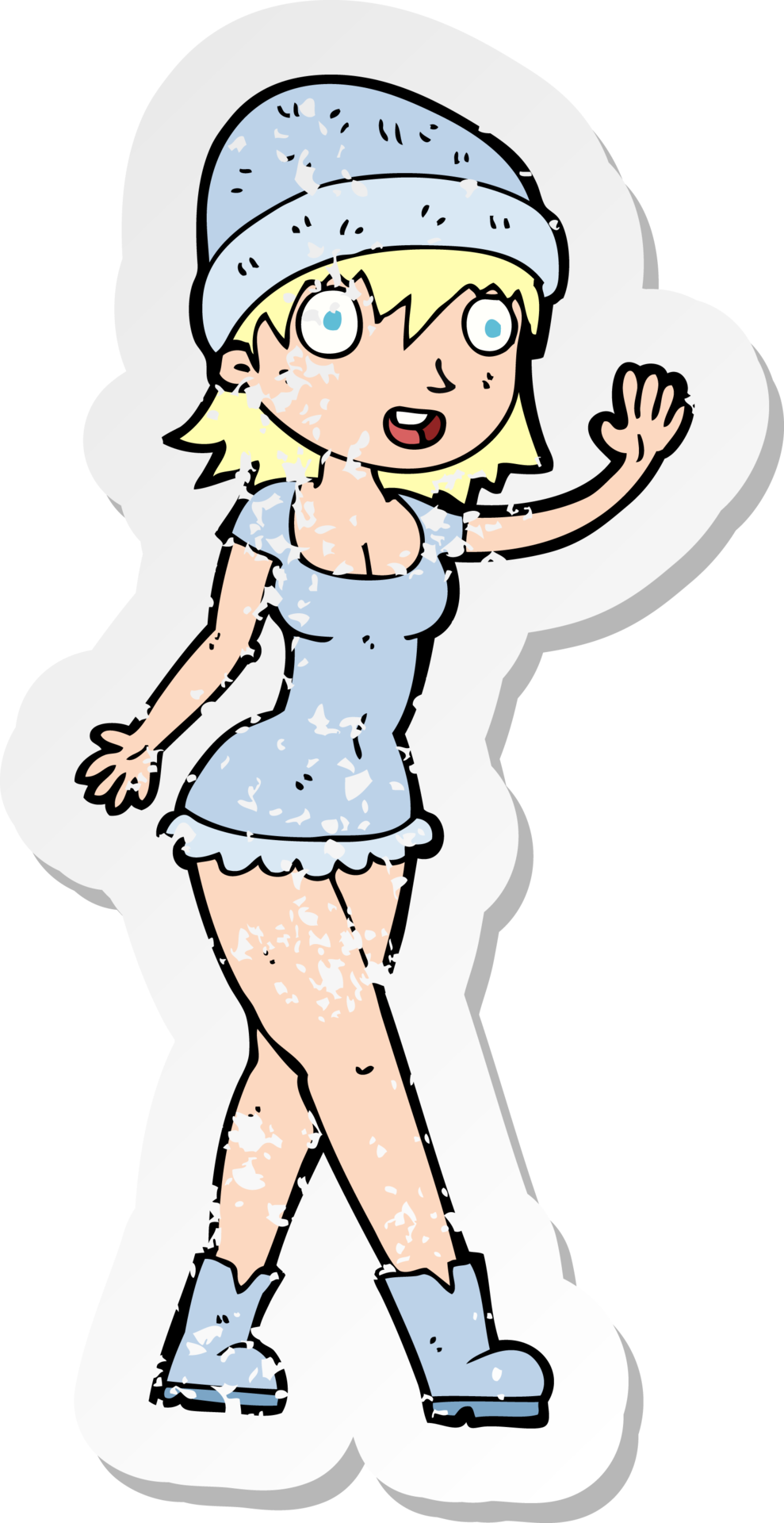 Retro Distressed Sticker Of A Cartoon Pretty Girl In Hat Waving retro-distressed-sticker-of-a-cartoon-pretty-girl-in-hat-waving