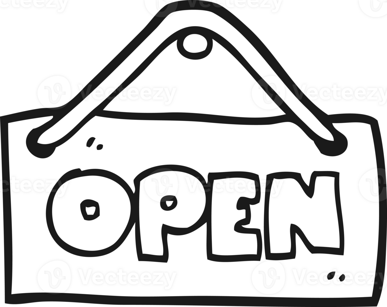 black and white cartoon open shop sign png