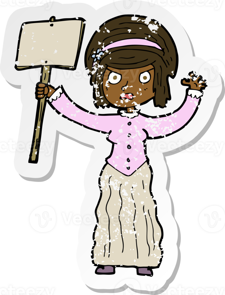 retro distressed sticker of a cartoon vicorian woman protesting png