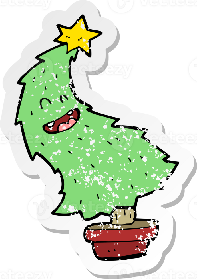 retro distressed sticker of a cartoon dancing christmas tree png