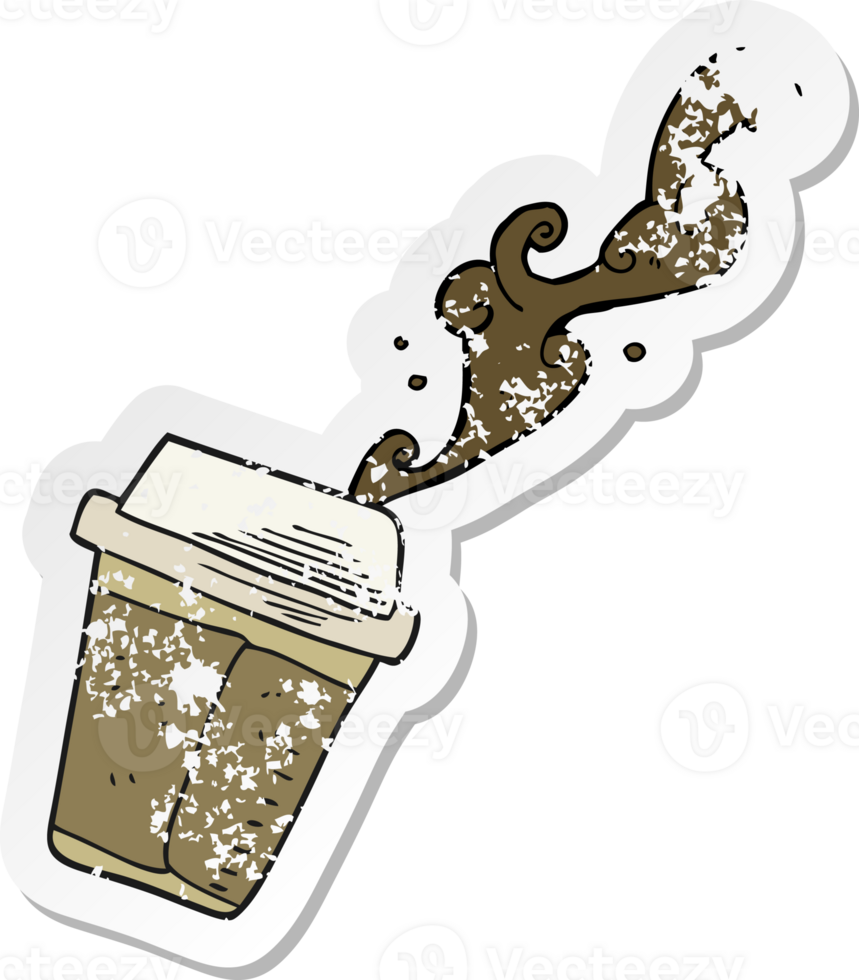 retro distressed sticker of a cartoon coffee spilling png