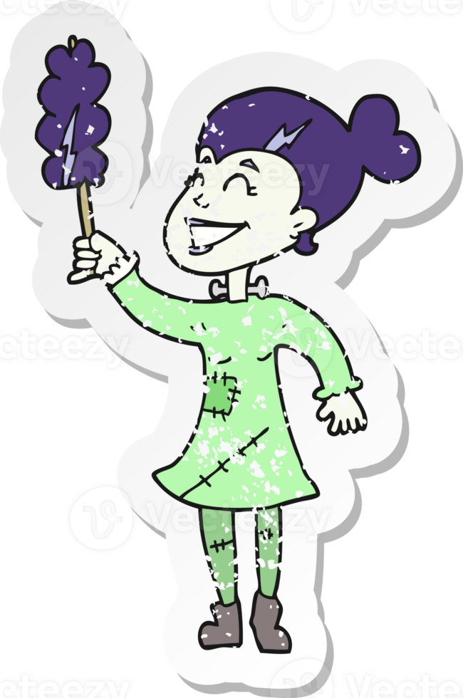 retro distressed sticker of a cartoon undead monster lady cleaning png