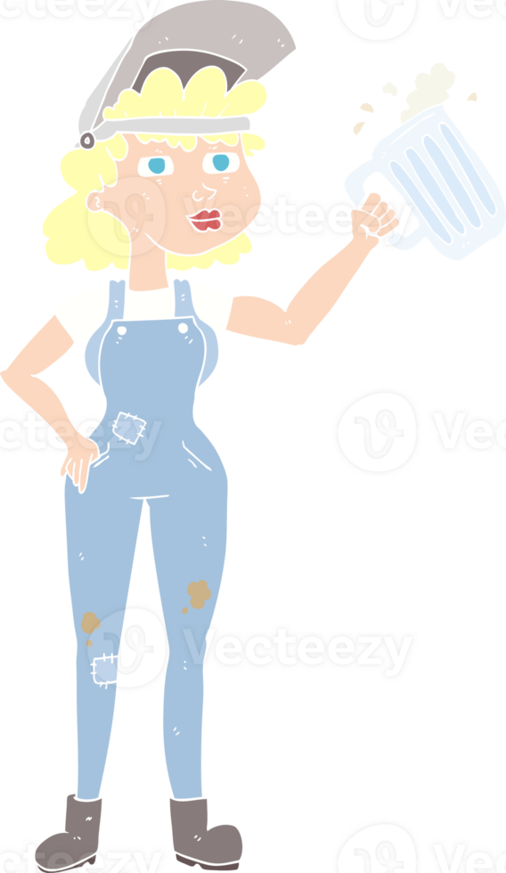 flat color illustration of a cartoon hard working woman with beer png