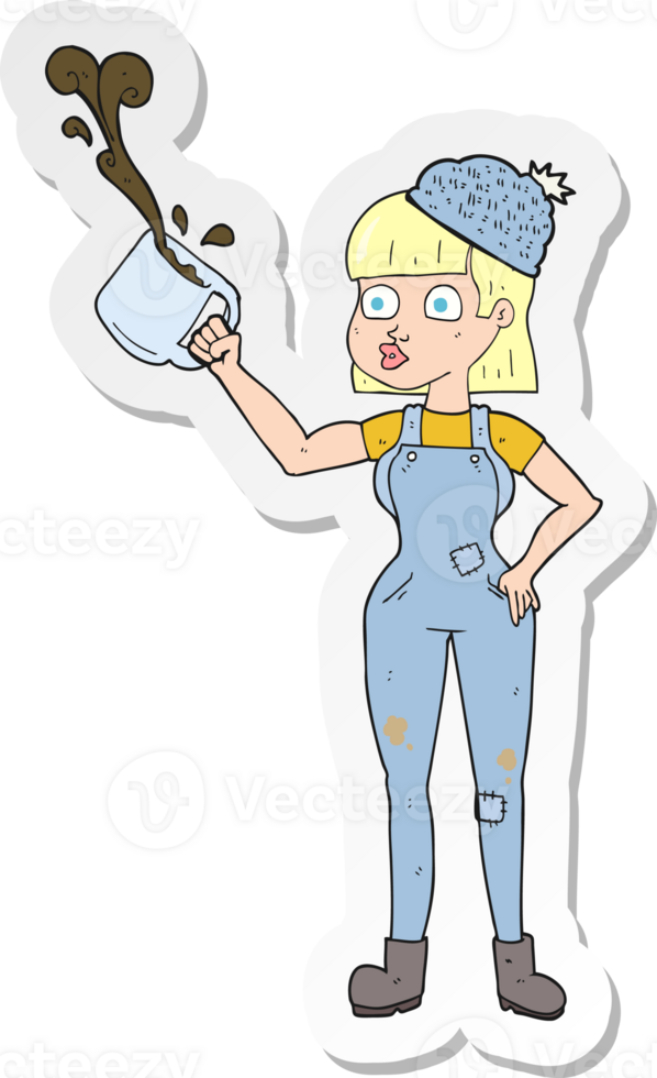 sticker of a cartoon female worker with coffee mug png