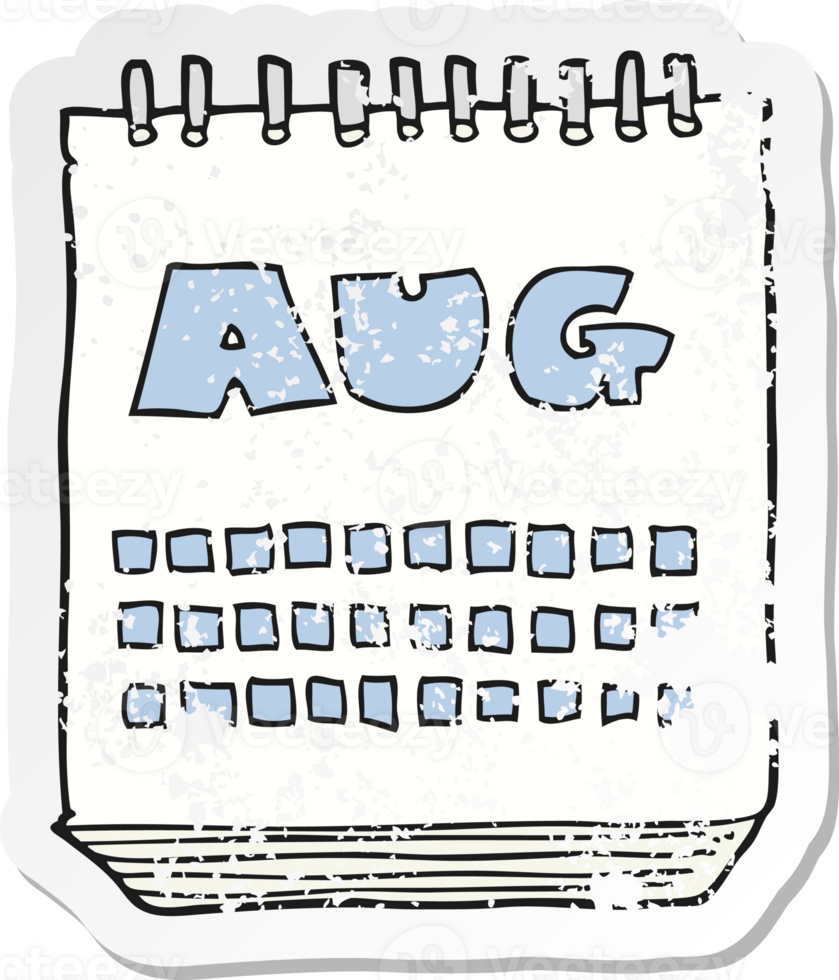 retro distressed sticker of a cartoon calendar showing month of august png