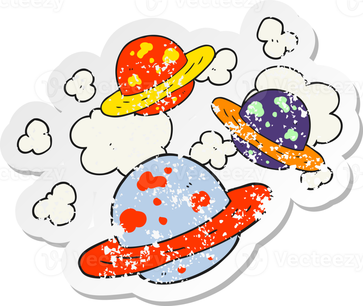 retro distressed sticker of a cartoon planets png