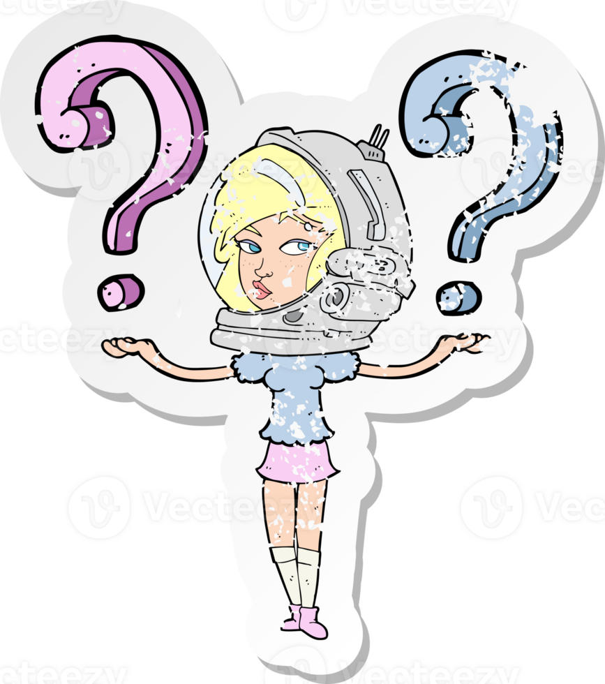 retro distressed sticker of a cartoon spacewoman asking questions png