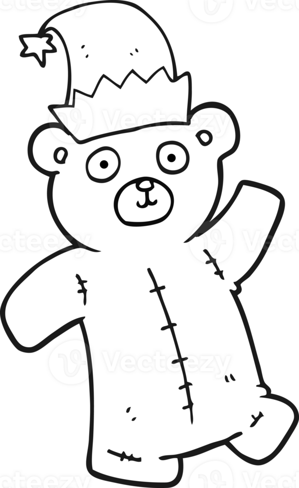 black and white cartoon teddy bear wearing christmas hat png
