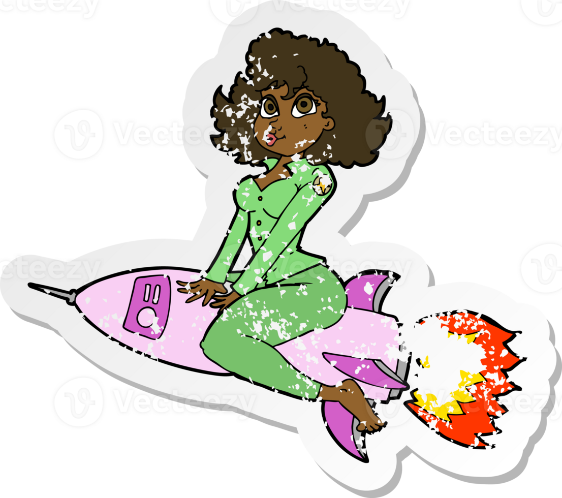 retro distressed sticker of a cartoon army pin up girl riding missile png