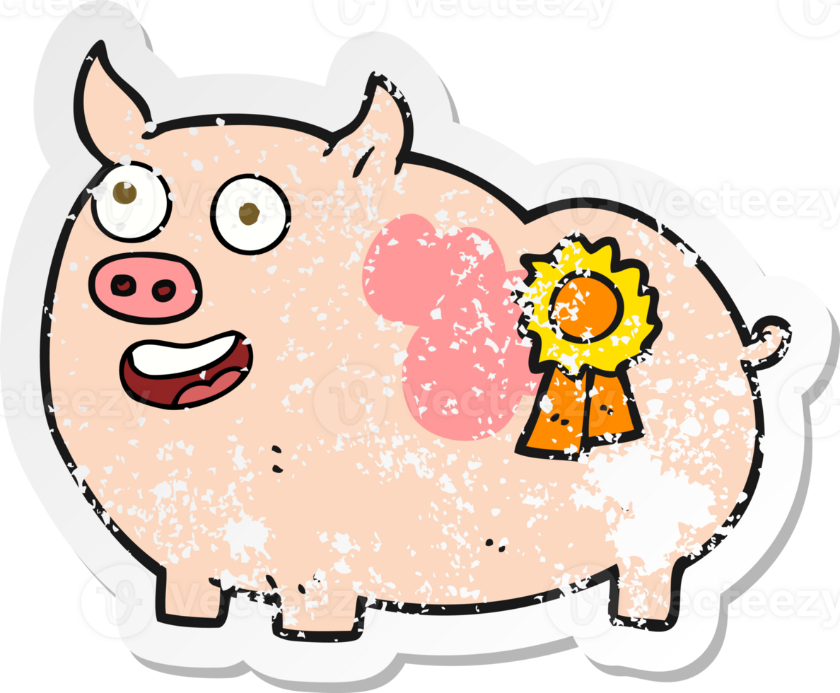 retro distressed sticker of a cartoon prize winning pig png