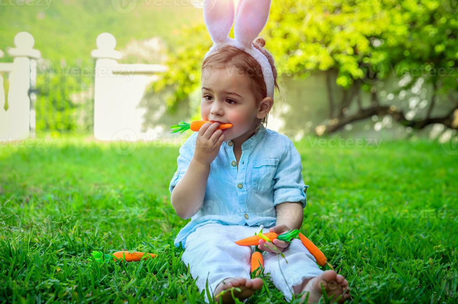 Easter baby bunny eating carrots photo