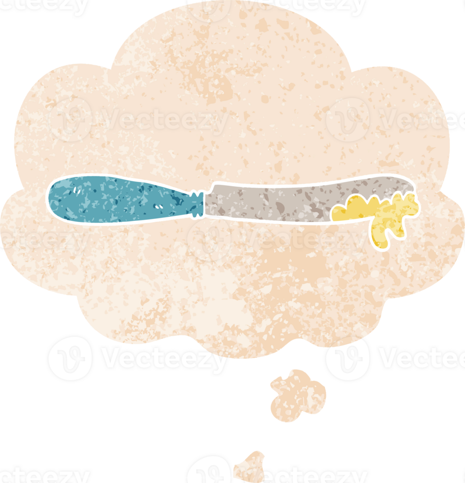 cartoon butter knife and thought bubble in retro textured style png
