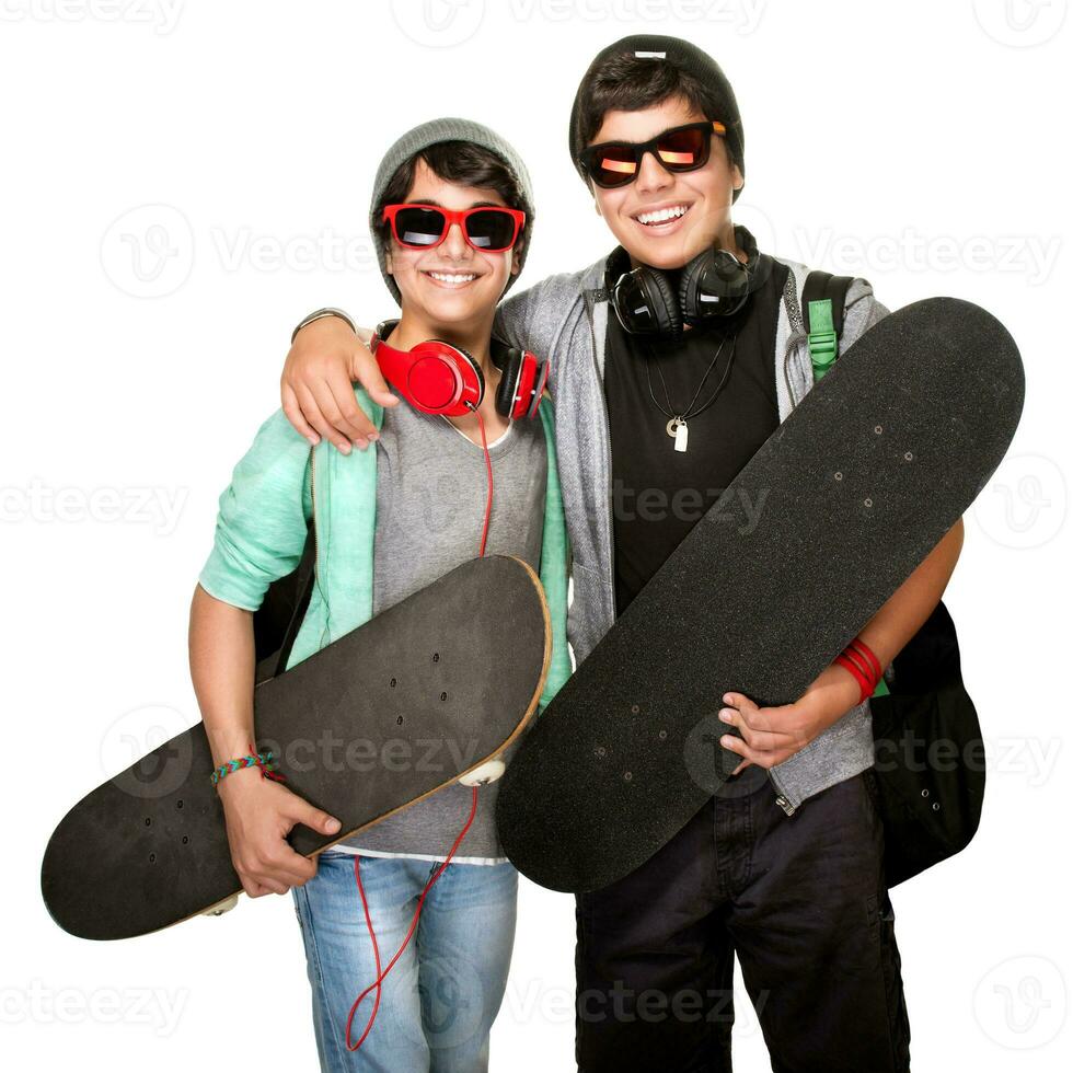 Two happy skateboarders photo