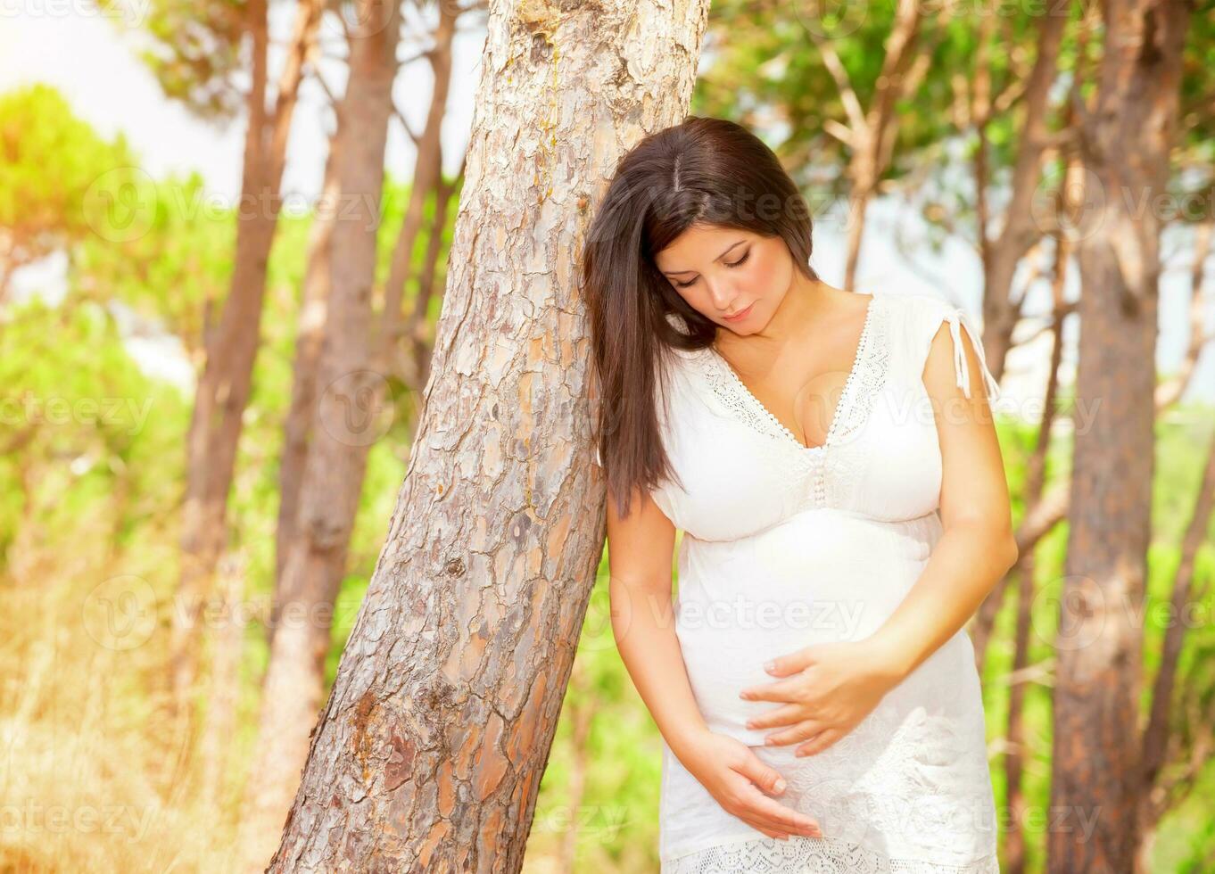 Pregnant girl in summer forest photo