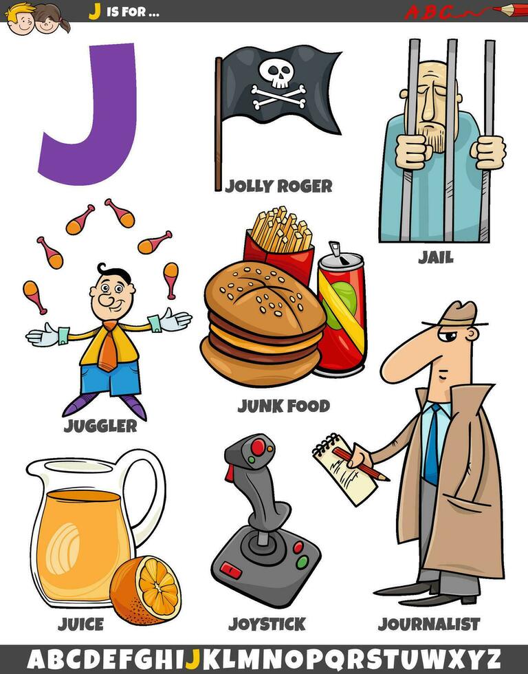 Letter J set with cartoon objects and characters vector