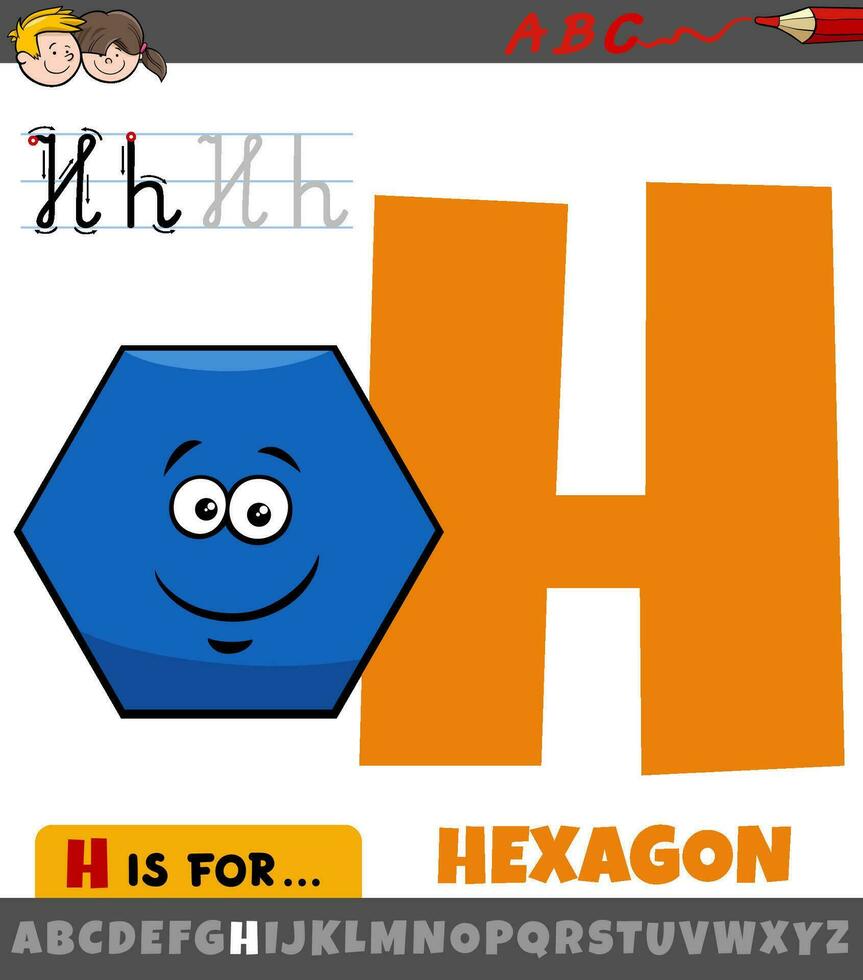 letter H from alphabet with cartoon hexagon geometric shape vector