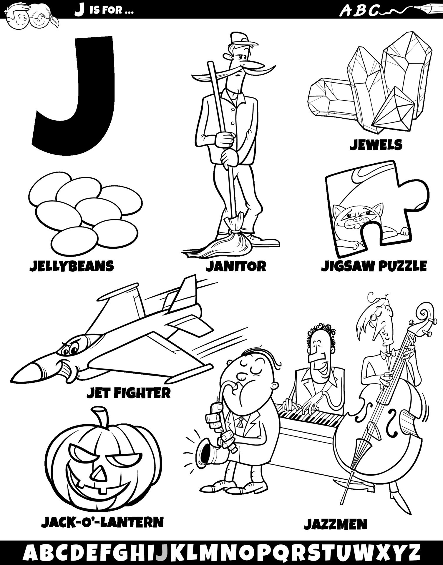 Letter J set with cartoon objects and characters coloring page 36456243