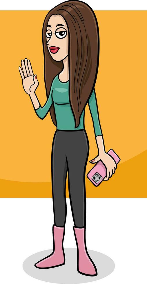 cartoon young woman or girl character with smart phone vector