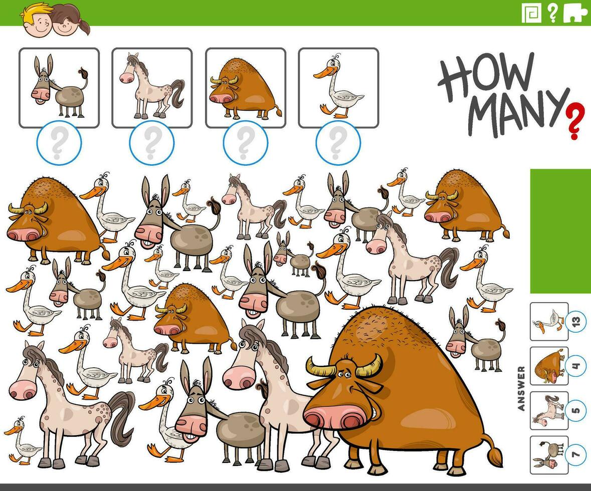 how many counting game with cartoon farm animals vector