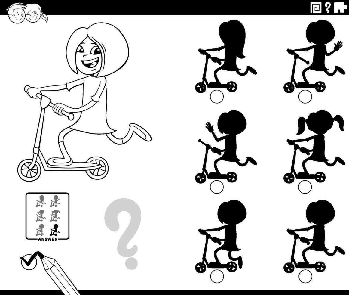 shadow game with cartoon girl on a push scooter coloring page vector