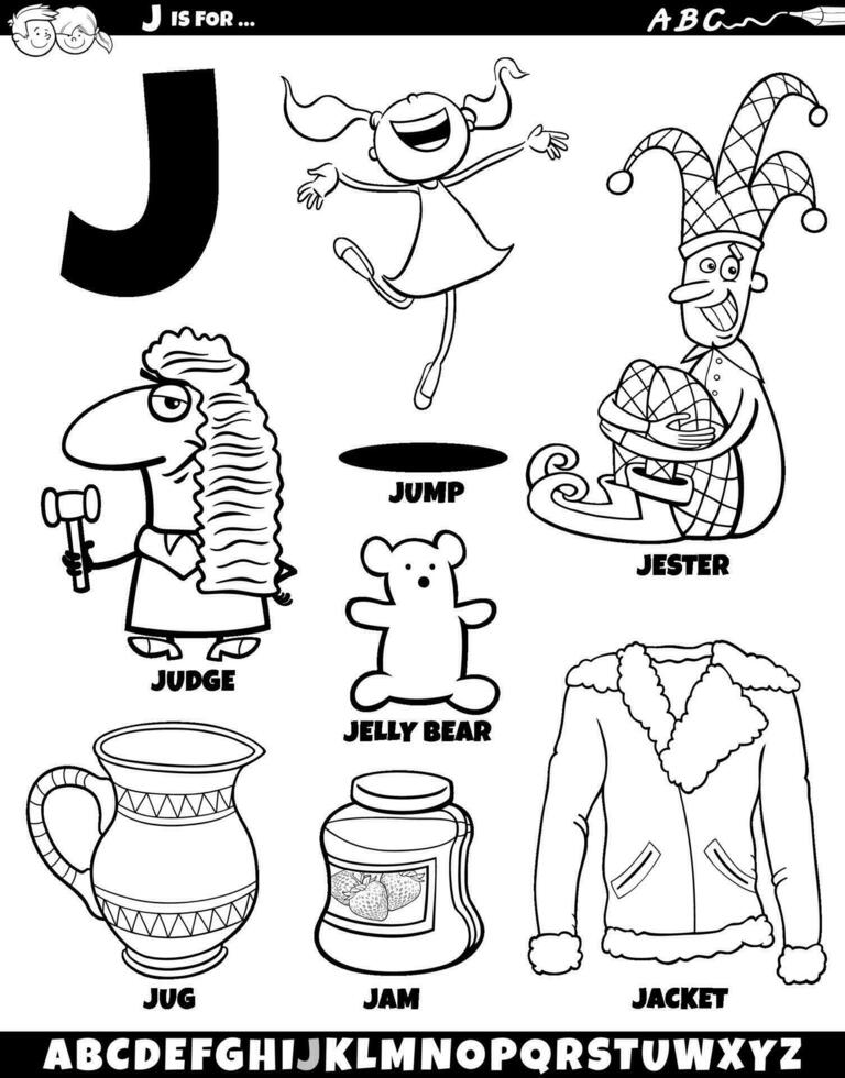 Letter J set with cartoon objects and characters coloring page vector