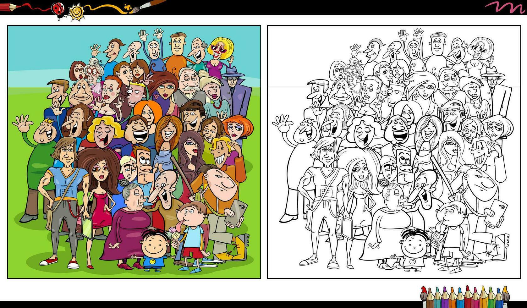 crowd of funny comic people characters group coloring page vector
