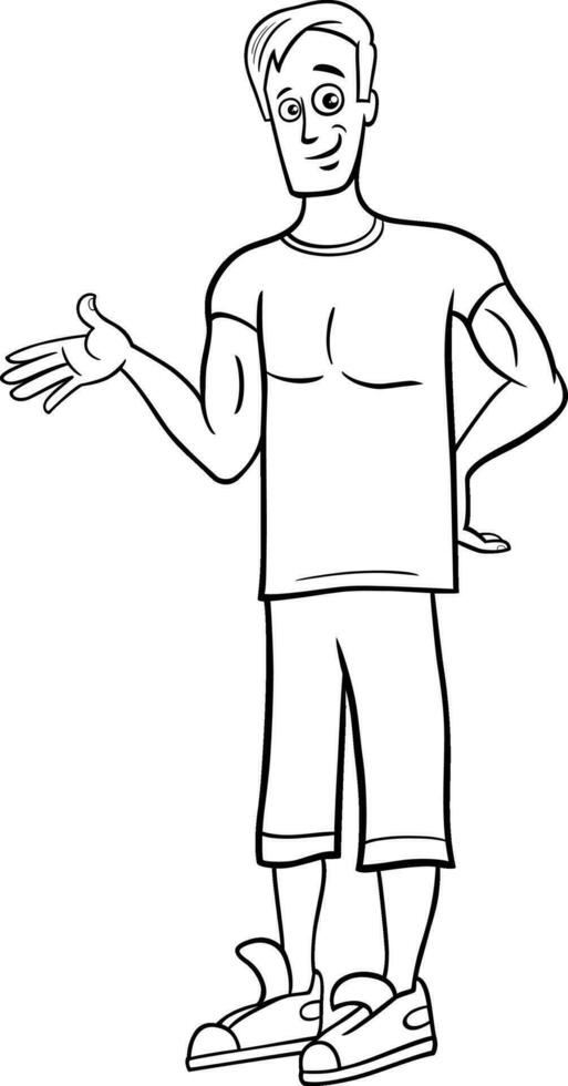 funny cartoon well built young man character coloring page vector