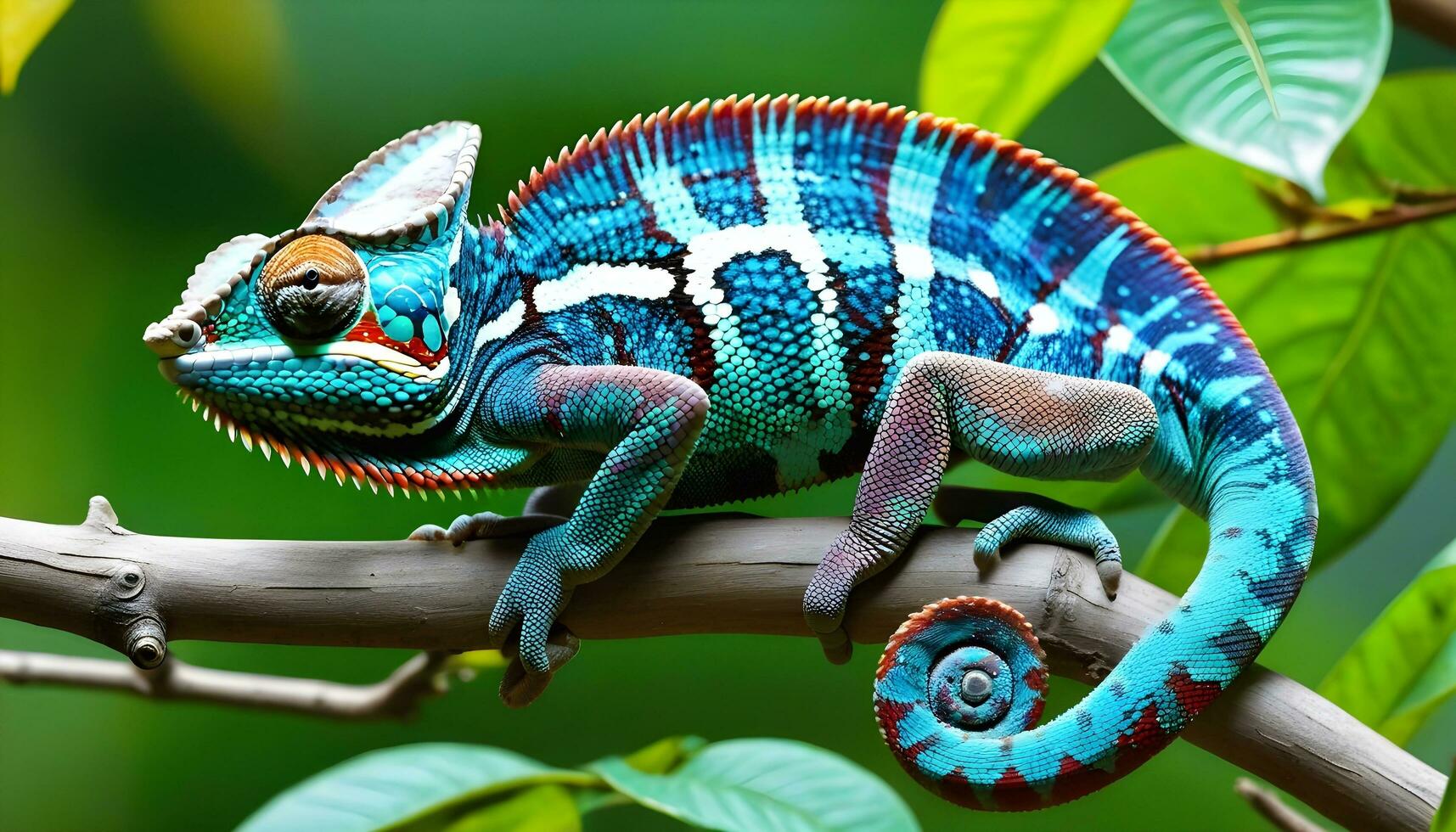 AI generated A colorful chamelon sitting on a tree branch photo